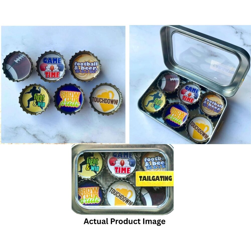 Football-Themed Bottle Cap Magnets In Tin Case